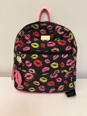 Betsey Johnson Black Quilted Mini Backpack with Multicolor Lip Print